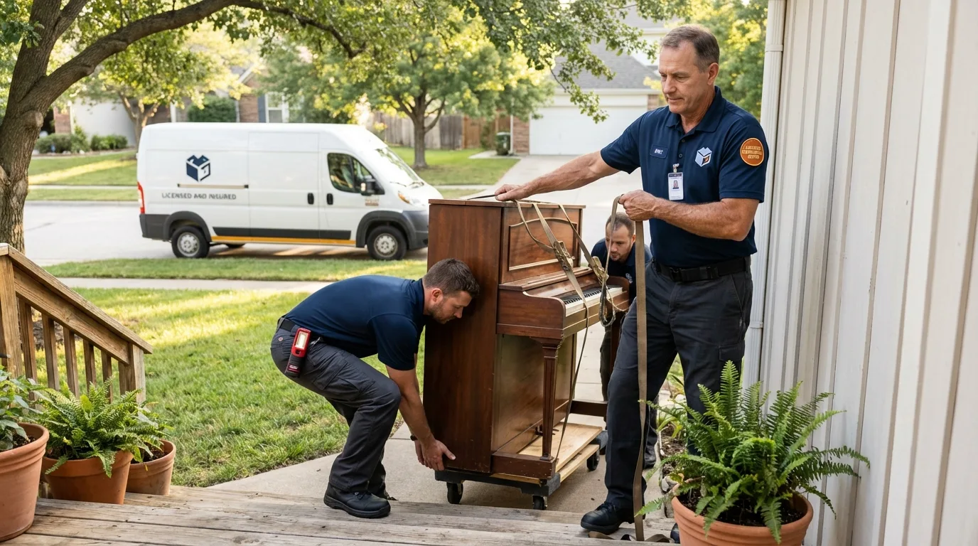Licensed piano movers securing grand piano in Alamo, GA