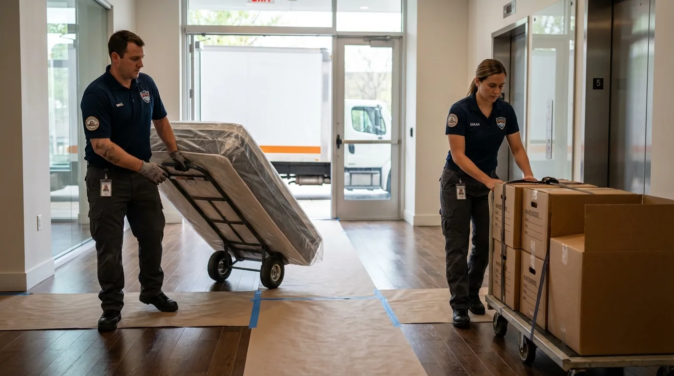 Professional apartment movers loading elevator in Alamo, GA